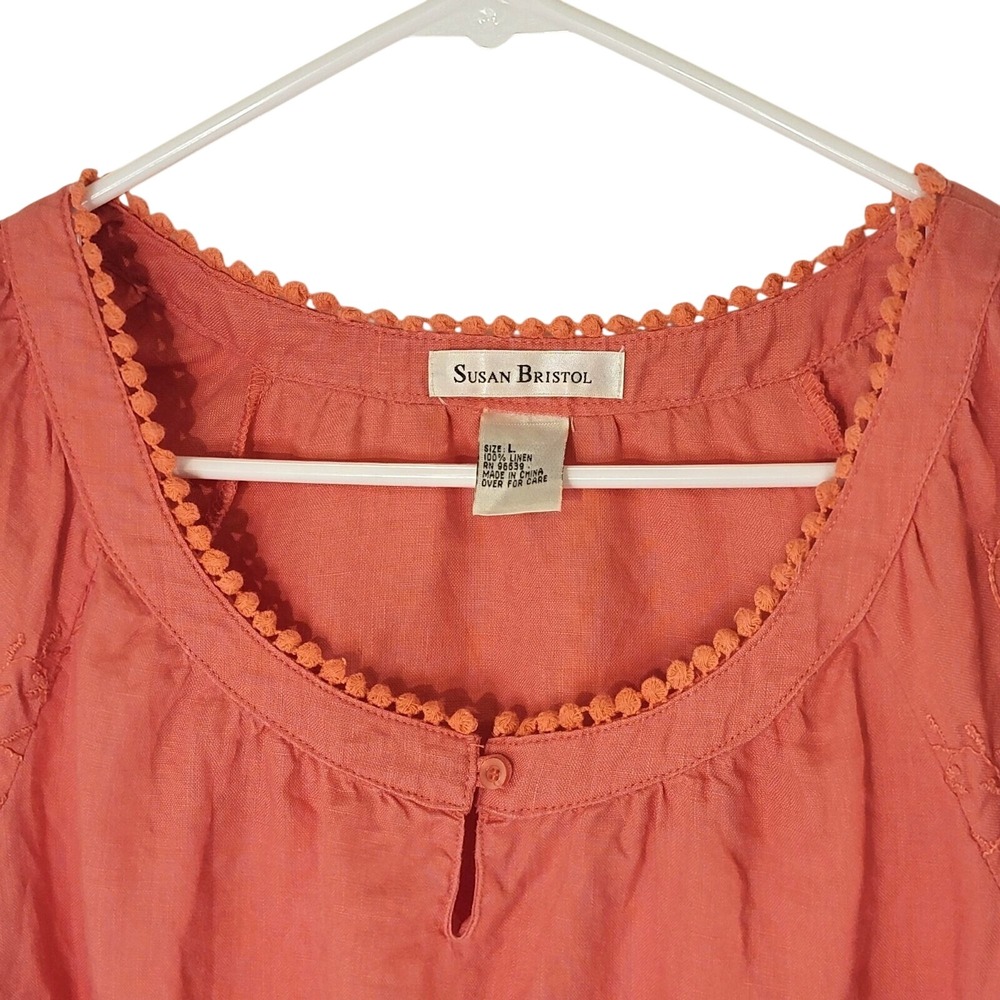 Susan Bristol All Linen Top L Embroidered Floral Coastal Beach Pink